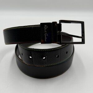 ROBERT GRAHAM Black Pebbled Simulated Leather Belt Size 40 Rainbow Stitching
